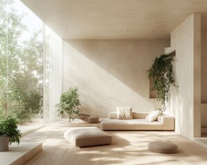 Sunlit Minimalist Living Room with Beige Walls and Lush Greenery