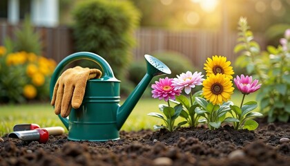Gardening tools and watering can beside blooming flowers in sunlight