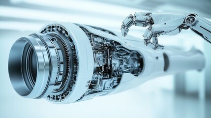 High-Tech Robotic Arm Calibrating Jet Engine for Improved Flight Efficiency