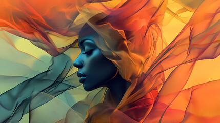 Flowing sheer ochre taffeta with billowing textiles and vibrant layers. Lucid Fabric. Illustration