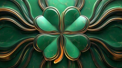 An abstract design of green and gold lines forming a stylized clover