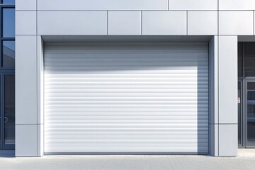 A sleek, transparent image of white garage roller shutters, showcasing a protective system designed for garages and shops, isolated against a clean background.
