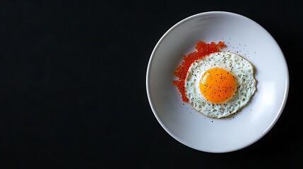   A white plate with a fried egg and ketchup sits atop another white plate on a black surface