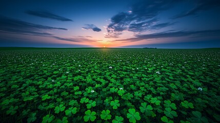 A stylized image of a minimalist shamrock field under a twilight sky