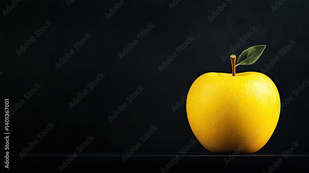Poster a zoomed-in image of a golden apple with a green foliage sprouting from its core, against a dark bac
