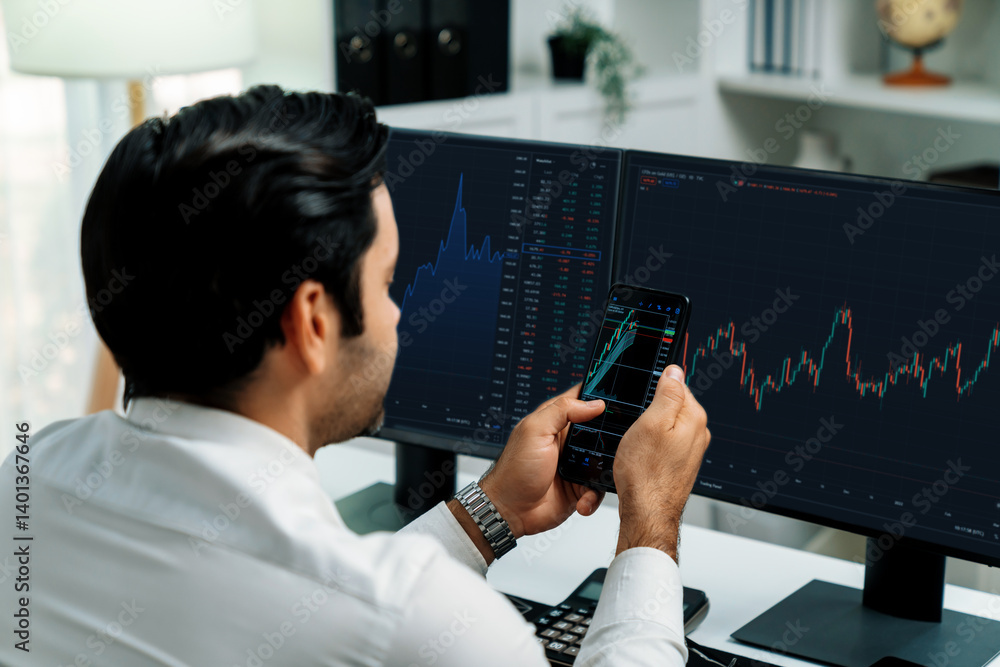 Poster trader businessman searching on smartphone, analyzing in dynamic stock exchange investment screen on
