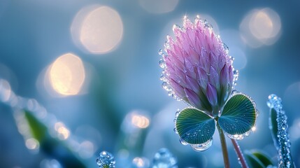 A serene scene with a single dew-kissed clover in morning light