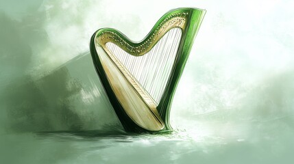 A minimalist sketch of a harp with soft shadows and green highlights
