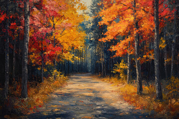 Obraz premium A serene painting: a winding path through lush forest, sunlight filtering through dense foliage, leading to a mysterious destination.