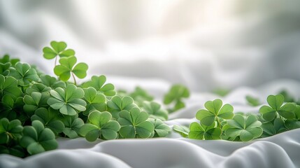 A minimalist composition of green clovers and a soft, white background