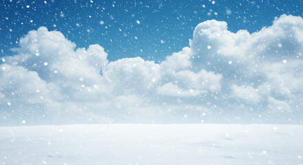 Gentle snowfall in a serene winter landscape, with a crisp blue sky and fluffy white clouds creating a peaceful nature scene."