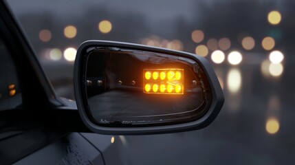 A close-up of a car's side mirror with illuminated turn signal in a rainy urban setting.