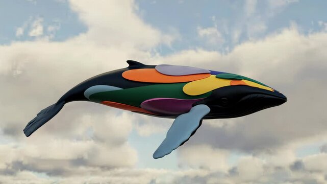 a flying whale. The whale is made of multiple layers of colorful, abstract shapes. 