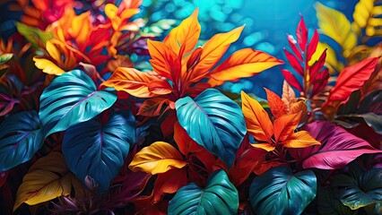 A vibrant composition of tropical leaves in shades of yellow, orange, and red, set against a soft, blurred blue background