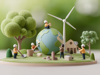 Happy Earth Day banner. A globe with miniature figures of people, planting trees on the Earth. Persons use different tools. Copy space. Macro photography effect. World Environment Day. Energy saving.