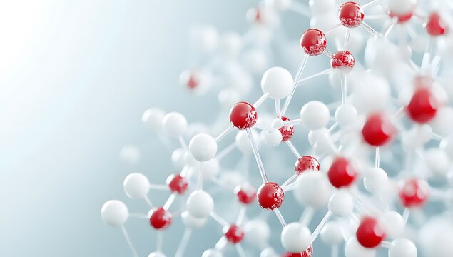 Abstract molecular structure with white and red spheres connected by lines.
