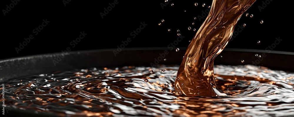 Poster a close-up of liquid pouring into a dark bowl, creating dynamic splashes.