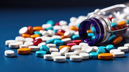 A close-up view of a stethoscope resting on a reflective surface scattered with various colorful pills and capsules