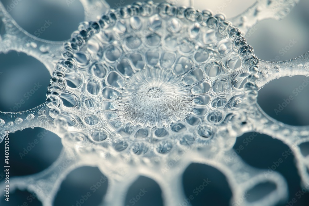 Poster intricate, ice-like structure with a central core, exhibiting radial symmetry and a complex network 