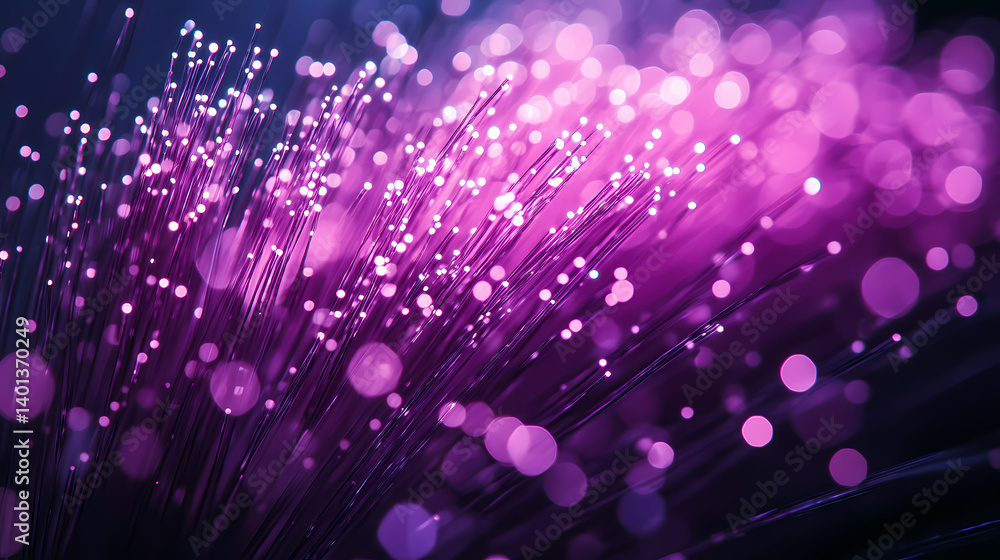 Wall mural purple glowing fibers on dark surface with bokeh for abstract technology use generative ai. fantasy 