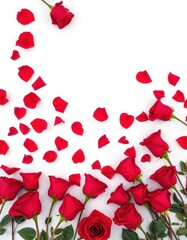 Elegant red roses scattered on pristine white backdrop, wallpaper, backdrop