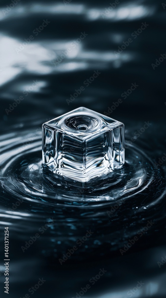 Aufkleber a crystalline ice cube floating on tranquil water, creating ripples in a serene environment.