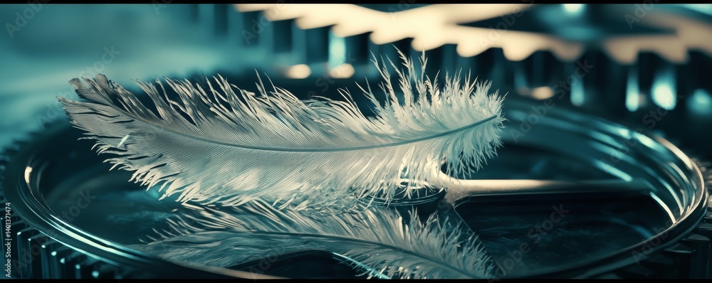 Poster a delicate feather resting on a reflective surface, showcasing intricate details and textures.