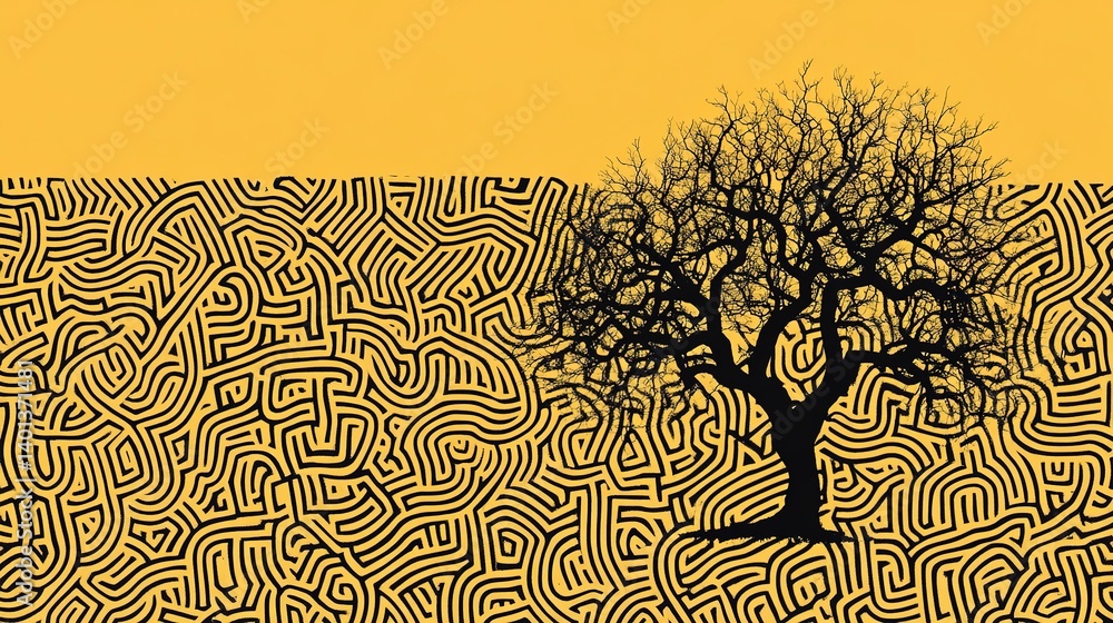 Poster abstract tree silhouette on contrasting yellow background with intricate maze-like patterns