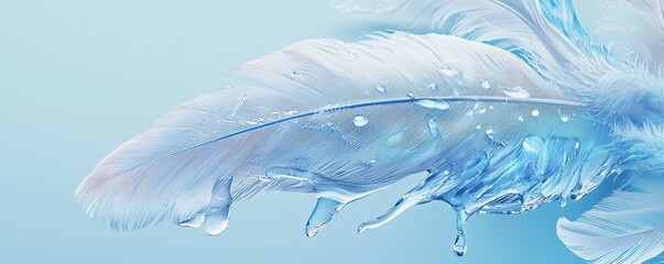 Naklejka premium A delicate feather with water droplets, evoking tranquility and elegance.