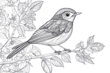 A garden bird in intricate line art, designed for adult coloring with zentangle and doodle patterns.