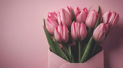   Bouquet of pink tulips in a pink bag against white background with Love written