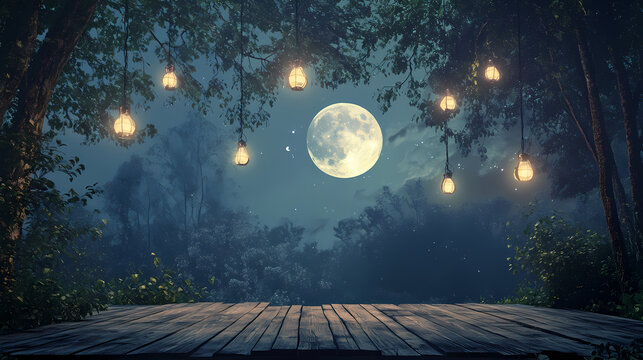 A serene moonlit forest clearing beckons with a rustic wooden platform, inviting quiet contemplation under hanging lanterns casting a warm glow. Moonlit Tapestry. Illustration