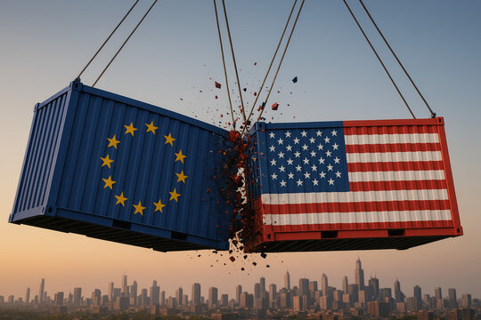 Containers dispute between European Union and USA with crashing containers. Tariffs Europe and United States.