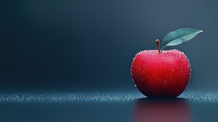 Obraz premium A red apple sits atop a blue surface, topped by a green leaf and adorned with water droplets