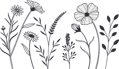 Obraz premium Minimal botanical line art of wildflowers and herbs graphic sketch drawing. floral elements trendy tiny tattoo design. silhouette vector illustration.