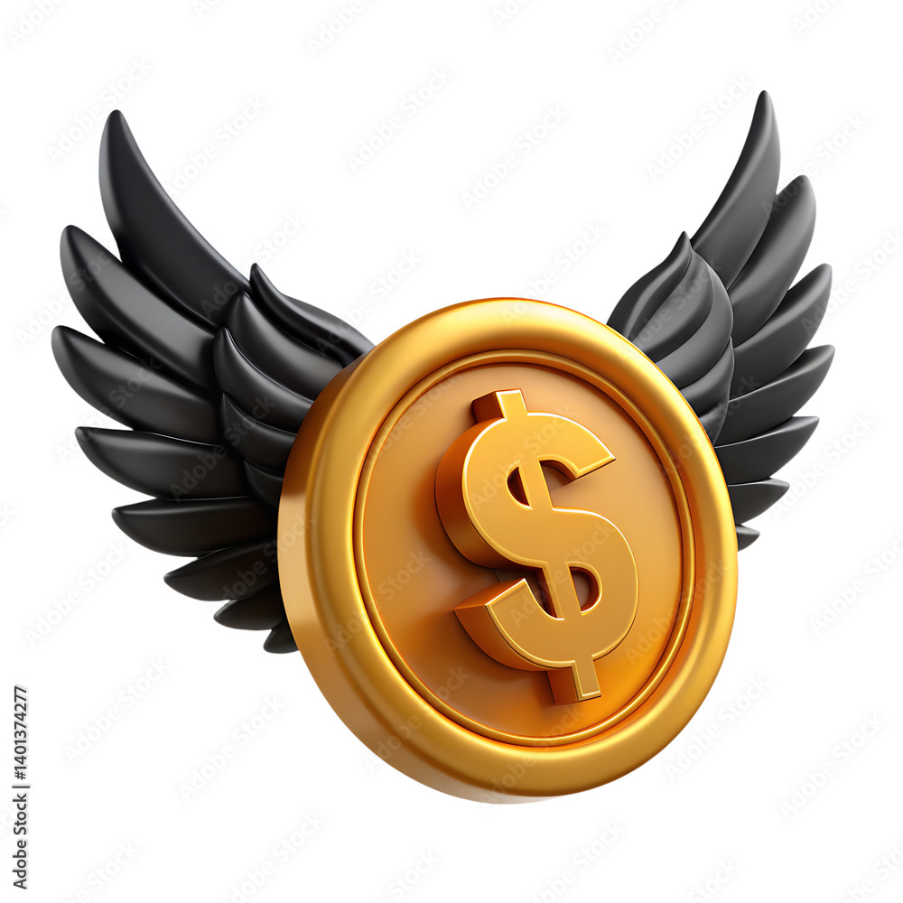 Poster 3d rendered winged coin with dollar sign - high-resolution stock image