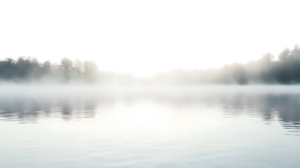 Tranquil Misty Morning Lake Scene on White Background - Stock Photo