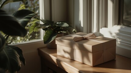 Gift box placed on a wooden table surrounded by green plants near a sunlit window in a cozy indoor setting