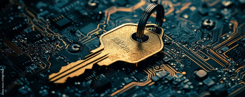 Poster a golden key placed on a circuit board, symbolizing security and innovation.