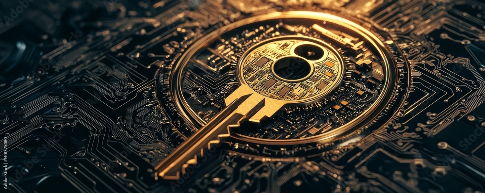 Poster a golden key surrounded by a complex circuit board design, symbolizing security.