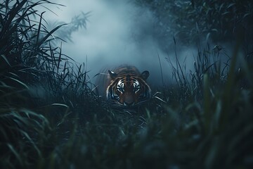 A tiger crouching low in the tall grass on a foggy night ready to pounce in the dark wilderness
