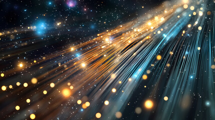 Fototapeta premium Glowing optical fibers form a network of stars, with planets and nebulae shimmering softly in the cosmic background. Astral Fibers. Illustration