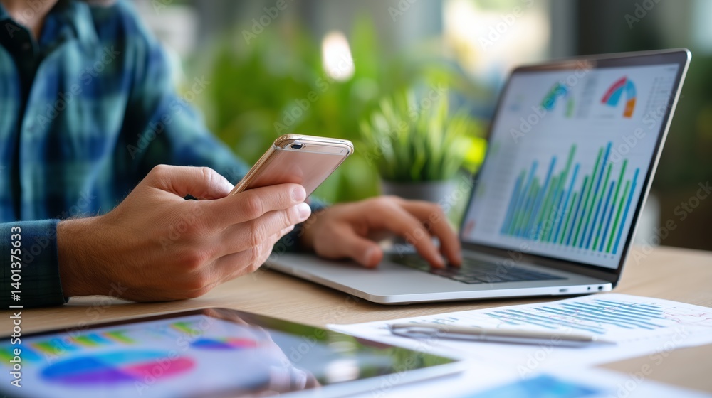 Poster professional in casual attire using a smartphone while analyzing data on a laptop at a modern workpl