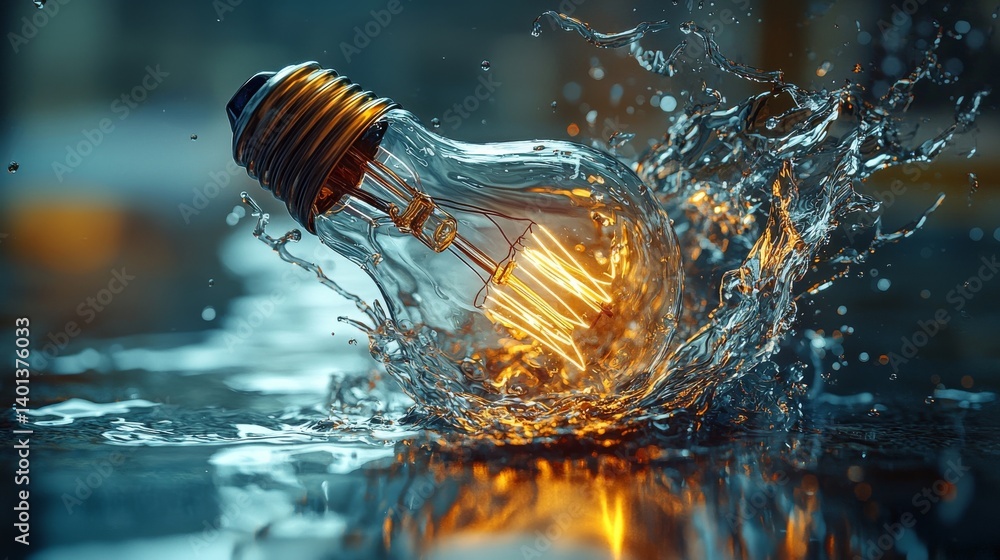Poster a light bulb splashes into water, creating ripples and illuminating the liquid.