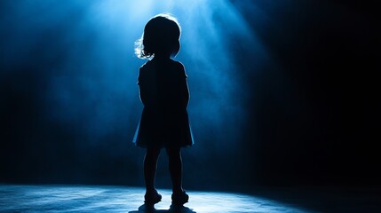 Fototapeta premium Silhouette of a young girl standing in a spotlight against a dark blue background