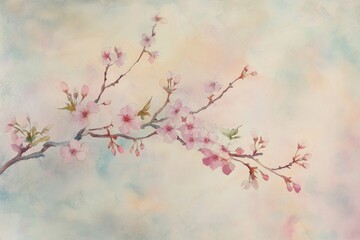 A soft watercolor painting of cherry blossom branches, painted in delicate pink hues, evoking a peaceful and serene spring atmosphere.