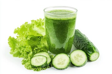 Green smoothie with cucumber and lettuce on white background