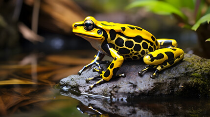 Fototapeta premium frog on the ground A bright yellow frog with black spots is perched on a rock near a pond. The poison dart frog is eye-catching with its bright colors and detailed patterns.