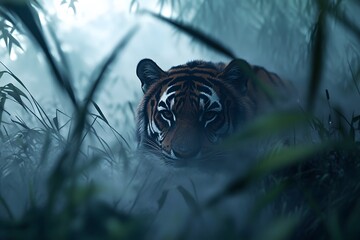 A tiger peers through dense foliage in a foggy forest environment with a mysterious ambiance