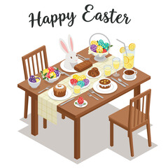 Easter celebration table with festive food and drinks in flat vector art